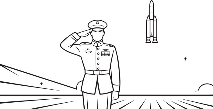 Black and white illustration of a soldier saluting a rocket launch