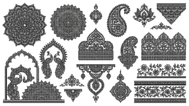 Intricate traditional mehndi henna design for Indian weddings and celebrations. Elegant floral, Paisley, and detailed geometric patterns. Premium vector art