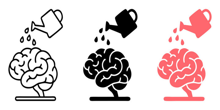 Set of icons featuring a watering can nourishing a human brain watering learning knowledge intelligence
