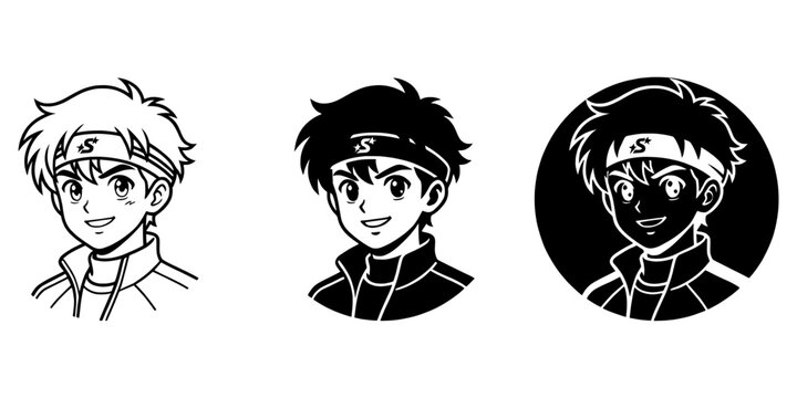 Athletic boy wearing headband anime character design sheet with headband character silhouette illustration