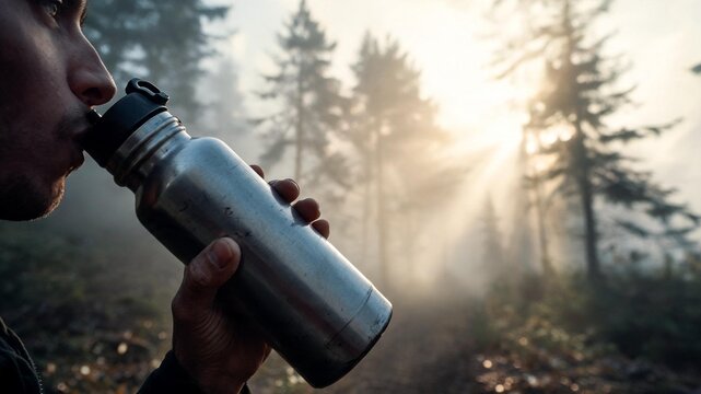 Close-up of a male hiker hydrating with a metal water bottle in a misty sunlit forest, promoting clean water, hydration, and an active lifestyle for Health Day.