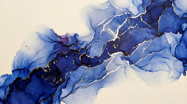 Deep Indigo Silver Alcohol Ink Fluid Abstract Cream Background Art 