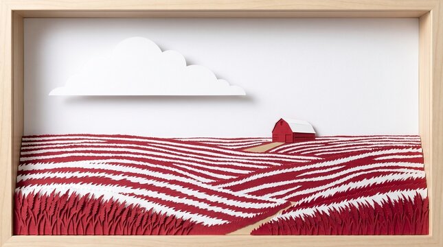 Papercut art landscape with red barn and red/white striped fields in a wooden frame. Minimalist 3D papercraft for Canada Day or rural themes.