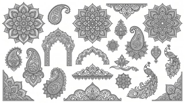 Intricate traditional mehndi henna design for Indian weddings and celebrations. Elegant floral, Paisley, and detailed geometric patterns. Premium vector art