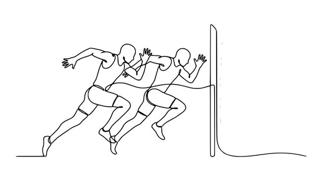 Continuous line drawing of runners crossing the finish line, motion blur effect, sports concept