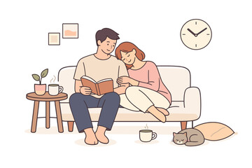Fototapeta premium Couple sharing calm quiet moment in daily routine, minimalist flat vector illustration in clean line style, rounded forms and