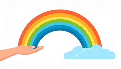 Naklejka premium Hand Gently Holding a Vibrant Rainbow Like a Silk Ribbon Against a Backdrop of Soft Clouds