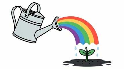 Naklejka premium Classic Metal Watering Can Pouring a Colorful Rainbow Stream of Water Onto a Fresh Green Plant in Soil