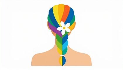 Naklejka premium Colorful Braid Filled With Rainbow Stripes and Adorned With a White Flower Adds Charm and Joy to the Spring Day