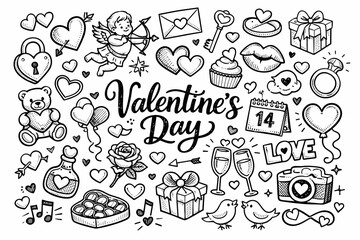 Obraz premium Love and romance symbols for Valentine day, hand drawn doodle elements set, center hand-lettered title, black and white vector line
