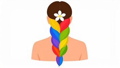 Naklejka premium Vibrant Rainbow Braid Flows Down a Smooth Back, Adorned With a Delicate Flower for a Whimsical Touch of Charm