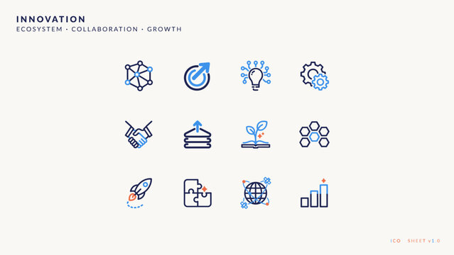 Innovation and ecosystem collaboration platform vector icon sheet &ndash; Suitable for corporate consulting presentations, teamwork workshops, or business growth materials.