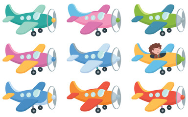 Cartoon Airplane and Aircraft Vector Icons Featuring Commercial Jets Propeller Planes Biplanes Seaplanes and Aviation Design Elements © Melissa J. Abrams