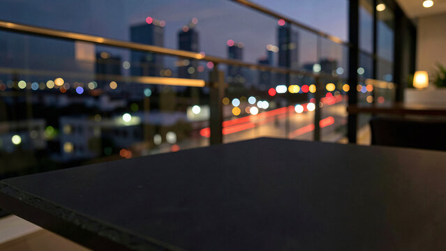 Matte Black Slate Table Surface on Modern Penthouse Balcony Bar with Glass Railings Luxury City Boke