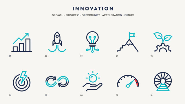 Flat innovation growth and acceleration vector icon sheet &ndash; Great for business milestone reports, startup scaling case studies, or economic tracking.