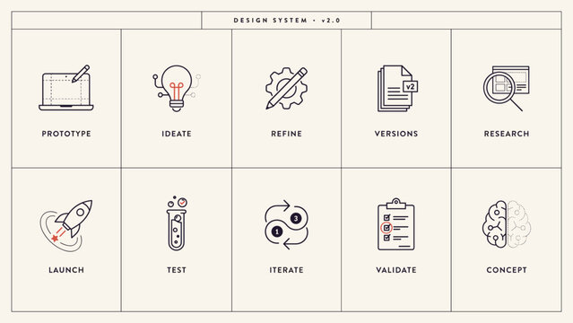 Linear product design studio prototype workflow vector icon sheet &ndash; Ideal for mobile software engineering, hardware prototyping labs, or web developer portfolios.