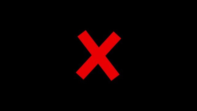 red incorrect wrong answer no entry cross with diagonal strokes and rounded corners animating on and off the screen with plain black background 'X' Animated mark chroma key. cross ... 