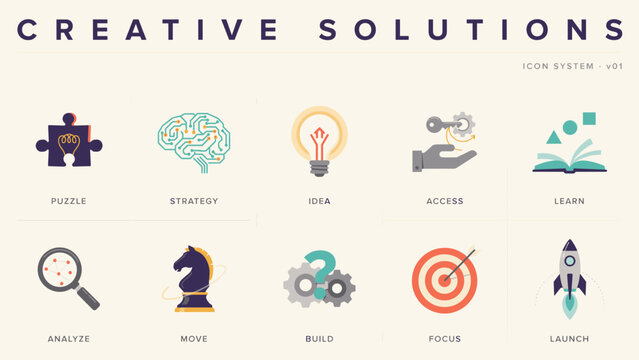 Flat creative solutions and puzzle strategy vector icon sheet &ndash; Suitable for business optimization consultations, logical problem solving games, or customer support sites.