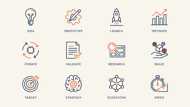 Flat product innovation and launch optimization vector icon sheet &ndash; Great for e-commerce growth strategies, minimal viable product testing, or industrial design firms.