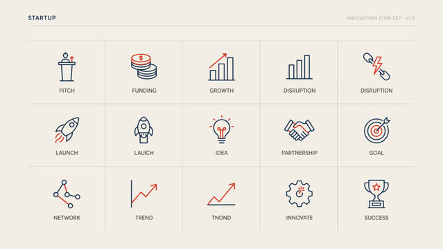 Monoline startup innovation and business funding vector icon sheet &ndash; Ideal for angel investor websites, venture capital presentation templates, or business advice blogs.