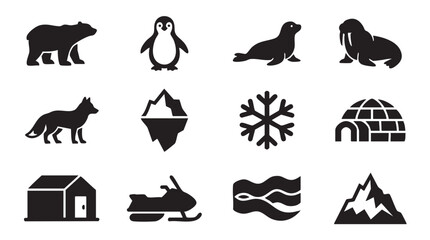 Arctic, winter, animal icons, 12 black silhouette symbols, polar wildlife, snow, ice, cold climate © Muhammad