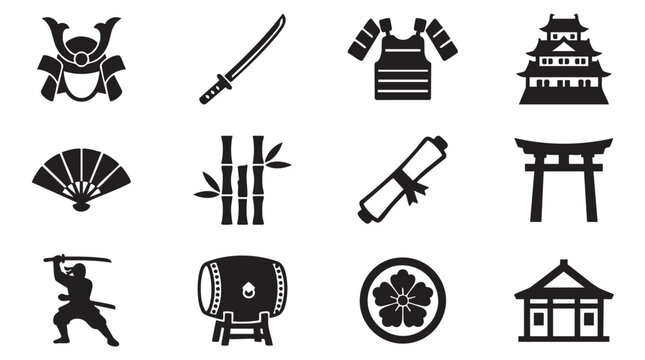 Japanese samurai icons, black vector symbols, ninja sword, temple, torii gate, 10 elements