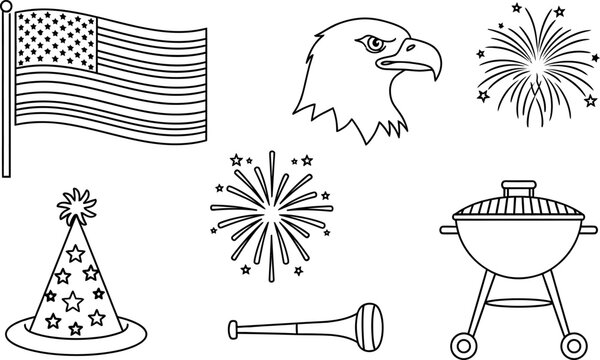 Fourth of july line art collection american flag eagle fireworks grill party hat and bugle isolated on transparent background
