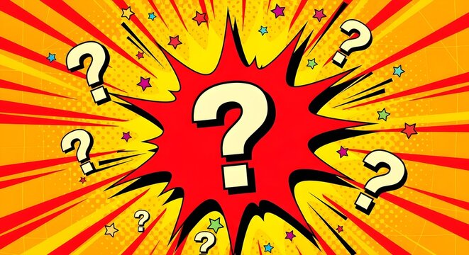 Confusion concept illustration with a central red question mark surrounded by multiple white question marks radiating on a bright yellow background.