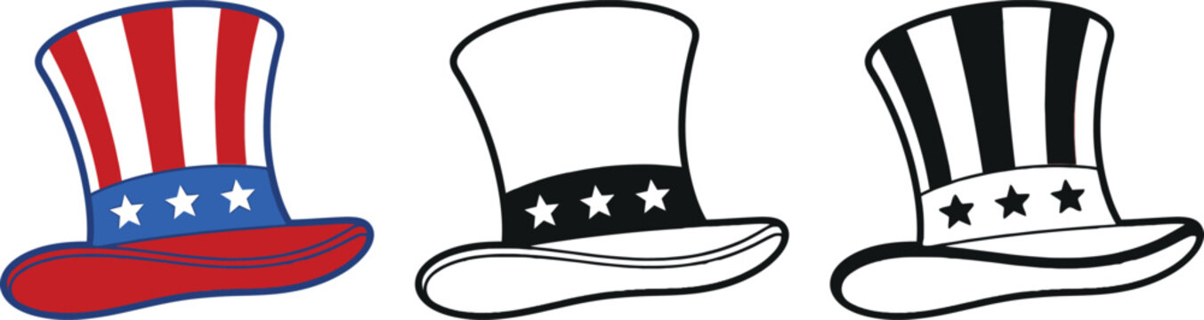 Three uncle sam top hats isolated on transparent background