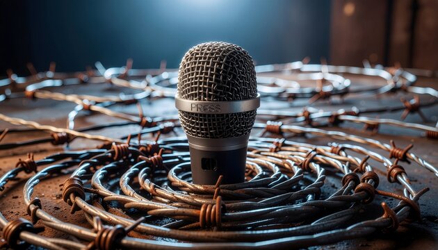 Conceptual close-up of a press microphone surrounded by rusty barbed wire, symbolizing media censorship, restricted freedom of speech, and dangers faced by modern journalism.