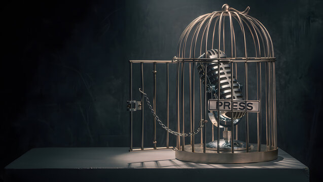 Conceptual image of a vintage microphone with a press sign inside an open metal birdcage, symbolizing freedom of speech, censorship, media control, and journalism rights.