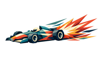 Naklejka premium Abstract geometric racing car speeds forward with vibrant fiery exhaust trails