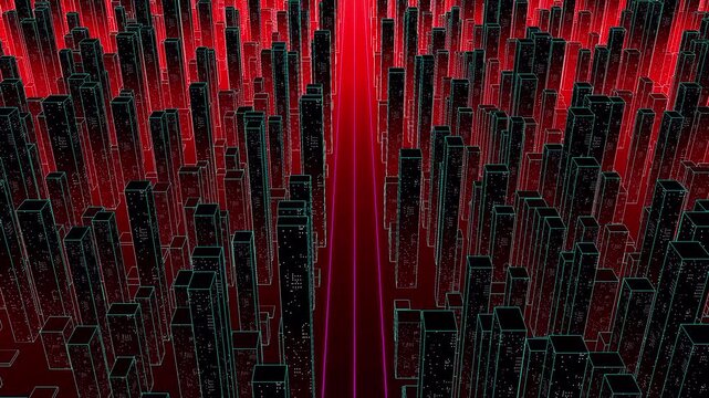 Abstract Digital Cityscape with Red Glowing Data Streams.