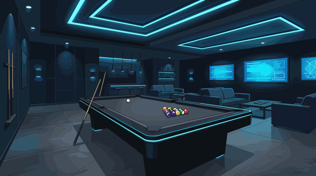 Modern billiard room with pool table and blue neon ceiling lights, billiards, pool table, game room, neon, blue, lounge, interior,
