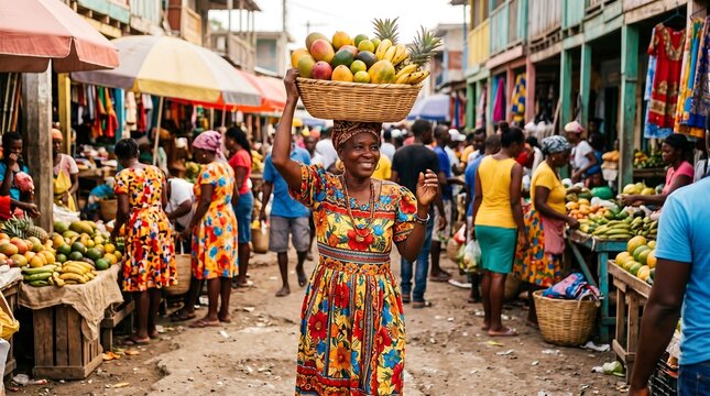 Haitian Market Vendor Carrying Tropical Fruit Basket in Vibrant Caribbean Street Market