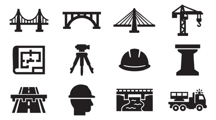 Construction icons, engineering symbols, industrial signs, 12 black silhouette graphics © Muhammad