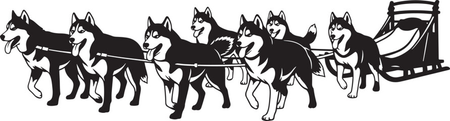 Editable vector silhouette illustration of sled dogs pulling wood sleigh in high quality vector art. © Sheplob