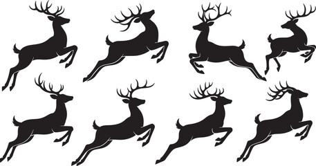 Editable vector silhouette illustration of jumping deer in forest, isolated on transparent. © Sheplob