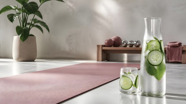 Pink yoga mat and fresh cucumber water in a bright home gym setup.