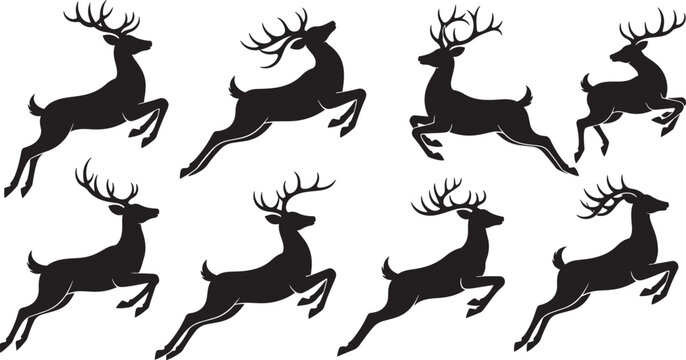 Editable vector silhouette illustration of jumping deer in forest, isolated on transparent.