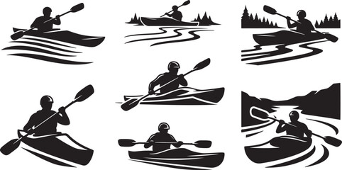 Editable vector silhouette illustration of kayakers paddling on water in high quality vector icons. © Sheplob