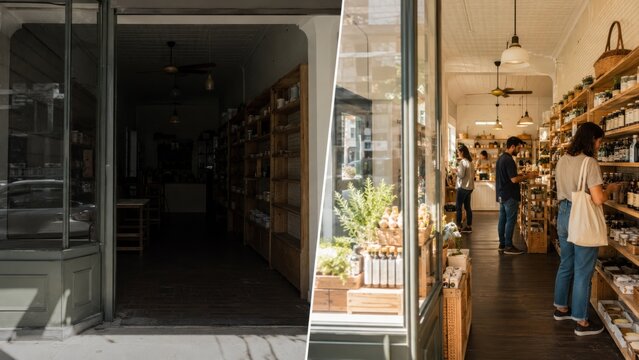 Dark closed corner shop and lively customer filled store