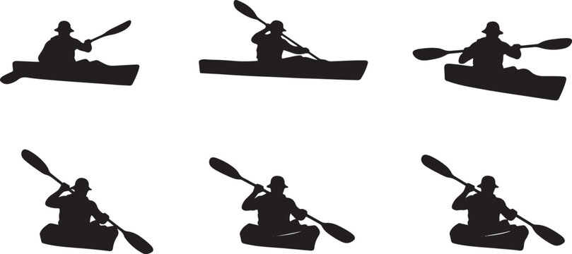 Editable vector silhouette illustration of kayaker paddling in water, isolated on transparent.