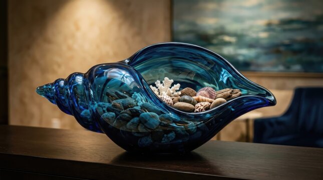 Blue shell bowl decorative centerpiece object with glossy luxury modern curved reflective design, elegant ornament for commercial