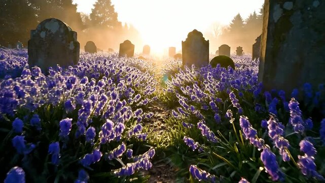 Graveyard bluebells at sunrise, misty tombstones in golden light, ethereal spring flowers in cemetery, eternal love and remembrance concept, peaceful memorial morning scene.