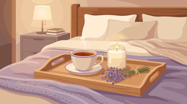 Cozy candlelit bed tray with tea cup and lavender in warm bedroom scene, tea, candle, lavender, bed, cozy, cup, blanket, tray,