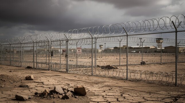 High Security Prison Fence with Barbed Wire Under Stormy Sky