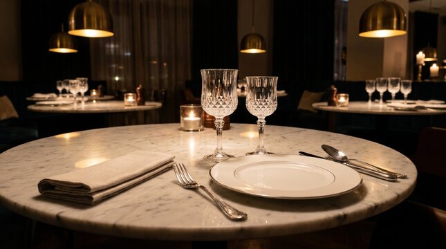 fine dining place setting with crystal glassware and marble table