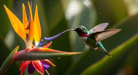 Fototapeta premium Hummingbird with iridescent green and red feathers hovers mid-air while feeding from a vibrant orange and yellow bird-of-paradise flower.