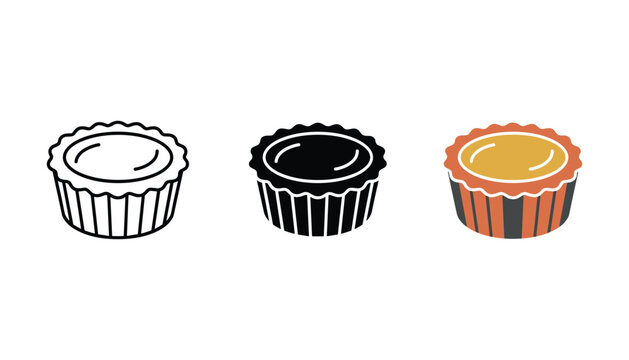 Delicious egg tart pastry icon set featuring traditional dessert design in outline solid and flat color styles perfect for bakery menus food blogs and culinary branding elements